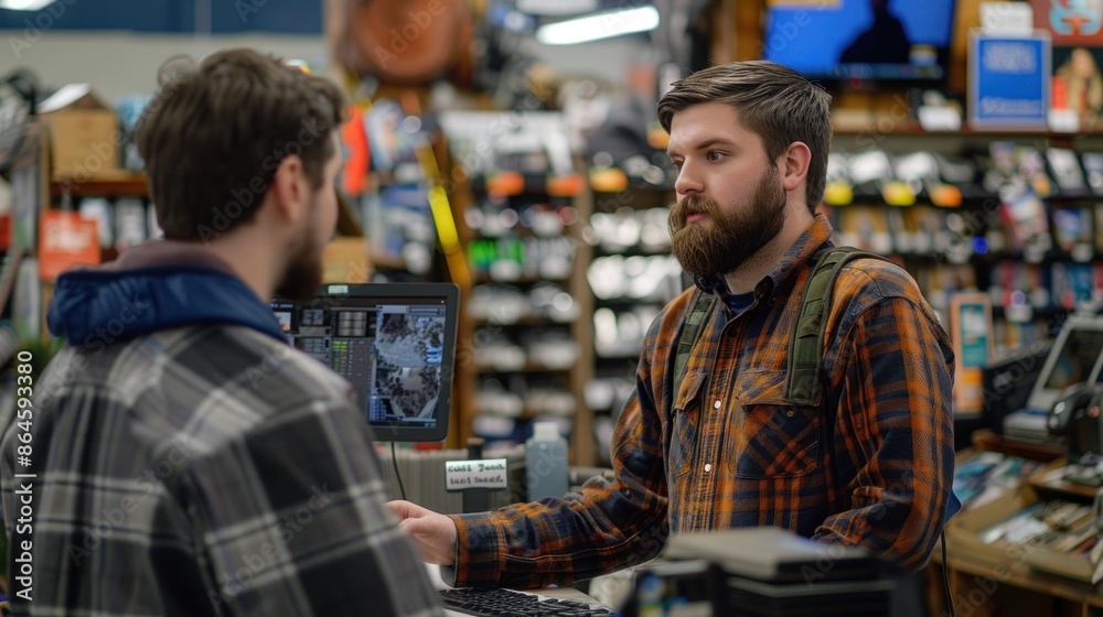 Two Caucasian men discussing over a computer screen in an electronics store. Two Caucasian men discussing over a computer screen in an electronics store.
