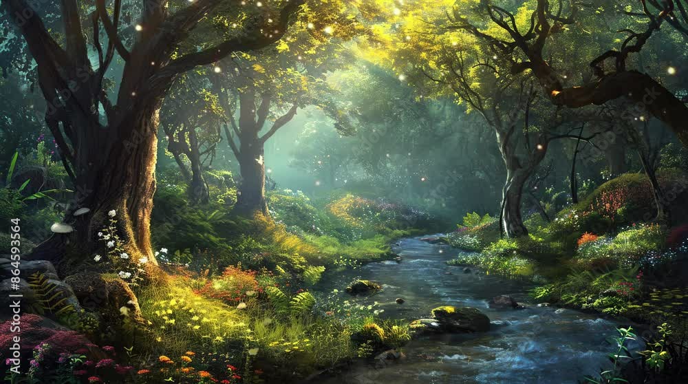 Small river winding through a glowing forest. Enchanting and serene woodland scene.
 Seamless looping 4k time-lapse virtual video animation background. Generated AI