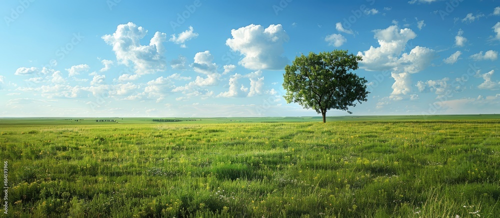 Fototapeta premium Prairies are vast expanses of flat land covered in grass, with few trees, creating a serene and open environment ideal for a copy space image.