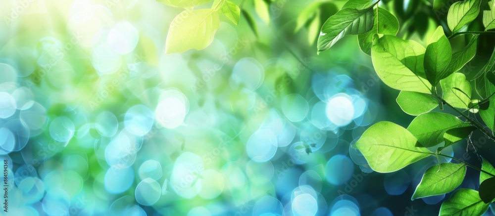 Abstract summer background showcasing blurry green leaves with a blend of blue and bright bokeh, suitable as a cover page for environmental themes or a copy space image. Abstract summer background showcasing blurry green leaves with a blend of blue and bright bokeh, suitable as a cover page for environmental themes or a copy space image.