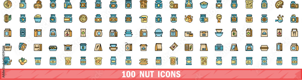 100 nut icons set. Color line set of nut vector icons thin line color flat on white 100 nut icons set. Color line set of nut vector icons thin line color flat on white