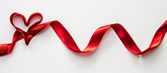 An elegant, red satin ribbon in the shape of a heart on a white background, perfect for Valentine's Day designs with a beautiful curve creating a lovely copy space image.