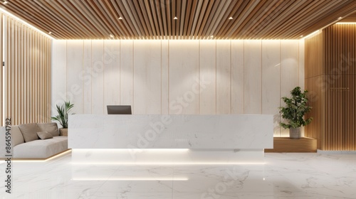 Minimalist white office reception area with wooden wall elements