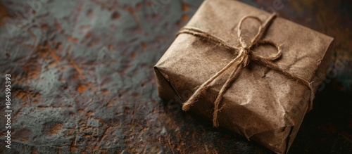 A tiny Christmas present enclosed in rustic wrapping paper, with copy space image.