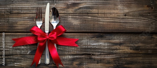 Cutlery elegantly presented on a wooden table with a red ribbon, providing an opportunity for a striking copy space image.