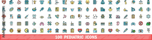 100 pediatric icons set. Color line set of pediatric vector icons thin line color flat on white