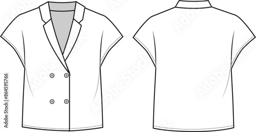 Women's Double Breasted Sleeveless Shirt. Technical fashion illustration with button front detail. Front and back, white color. Women's CAD mock-up.