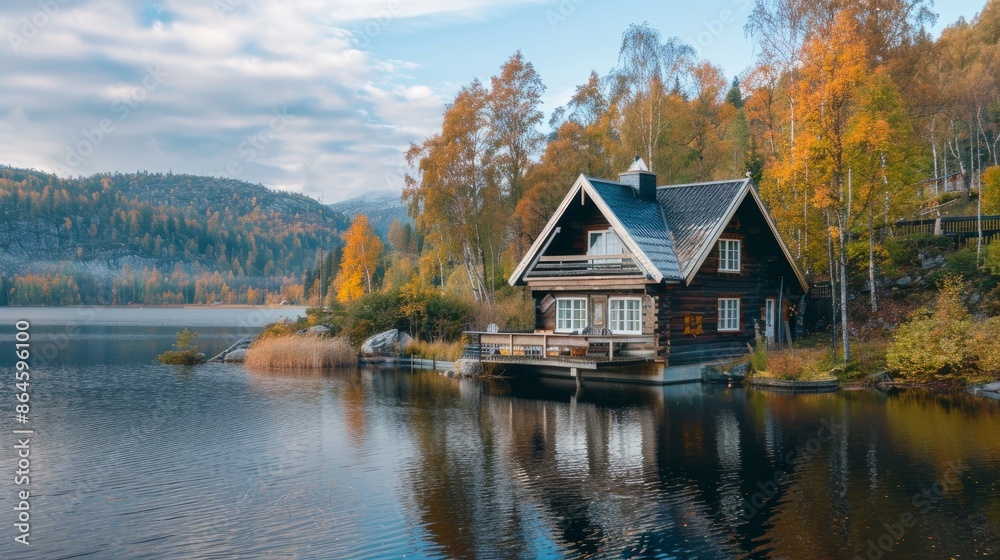 A stylish cabin house sits by a lake, surrounded by picturesque views A stylish cabin house sits by a lake, surrounded by picturesque views
