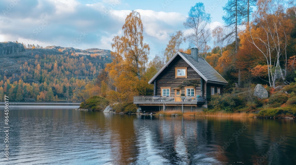 A stylish cabin house sits by a lake, surrounded by picturesque views A stylish cabin house sits by a lake, surrounded by picturesque views
