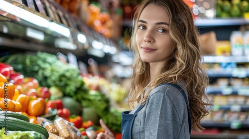 Young Caucasian woman shopping in a grocery store, smiling over her shoulder, with a focus on fresh produce. © evgenia_lo