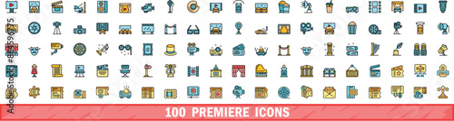 100 premiere icons set. Color line set of premiere vector icons thin line color flat on white