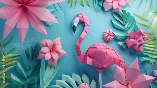 Flamingo and tropical flowers form a 3D origami image, inspiring a masculine, arty fashion print without the 3D effect. photo