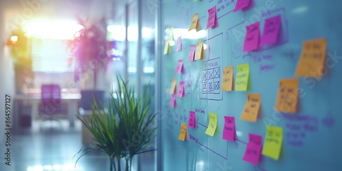 whiteboard in office with differents post-it. a sitemap of a website drawn in the witheboard