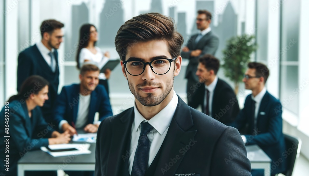 Confident Businessman Looking Directly at Camera in Modern Office Setting Confident Businessman Looking Directly at Camera in Modern Office Setting