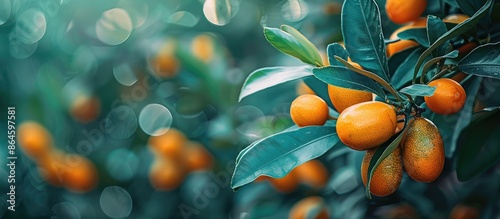 Close-up image of a kumquat tree with ripe fruits outdoors, providing space for adding text. Copy space image. Place for adding text and design photo