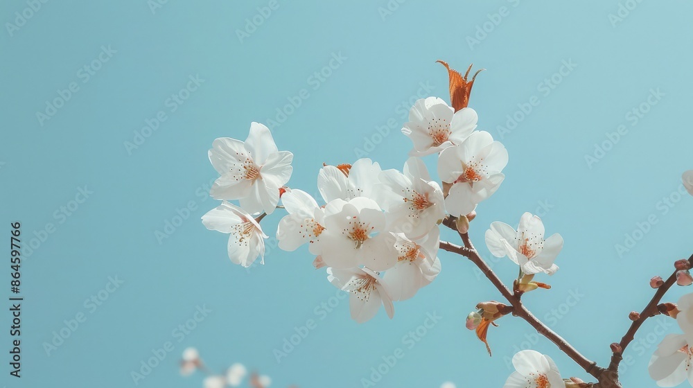 A blooming cherry blossom branch set against a clear blue sky A blooming cherry blossom branch set against a clear blue sky