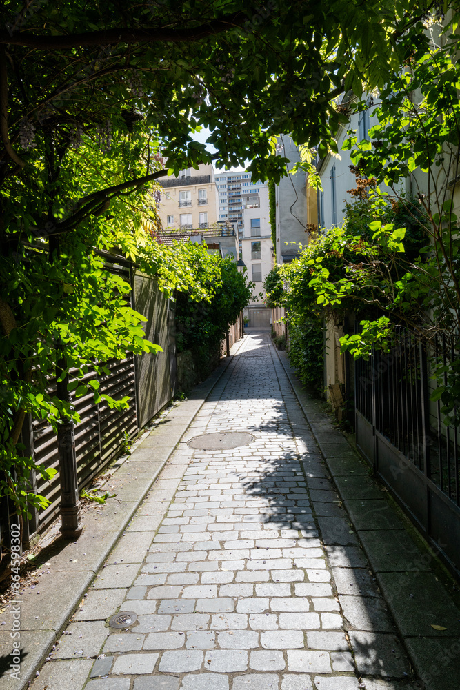 une ruelle fleurie avec ses maisons traditionnelles dans le treizième arrondissement de Paris en France une ruelle fleurie avec ses maisons traditionnelles dans le treizième arrondissement de Paris en France