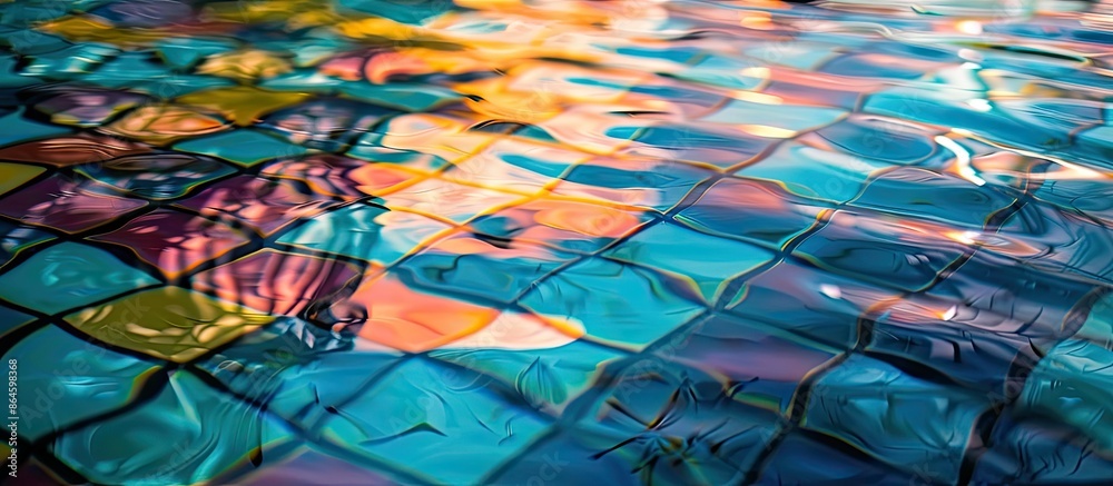 Naklejka premium Reflection of swimming pool tiles on the surface creates a mesmerizing copy space image.