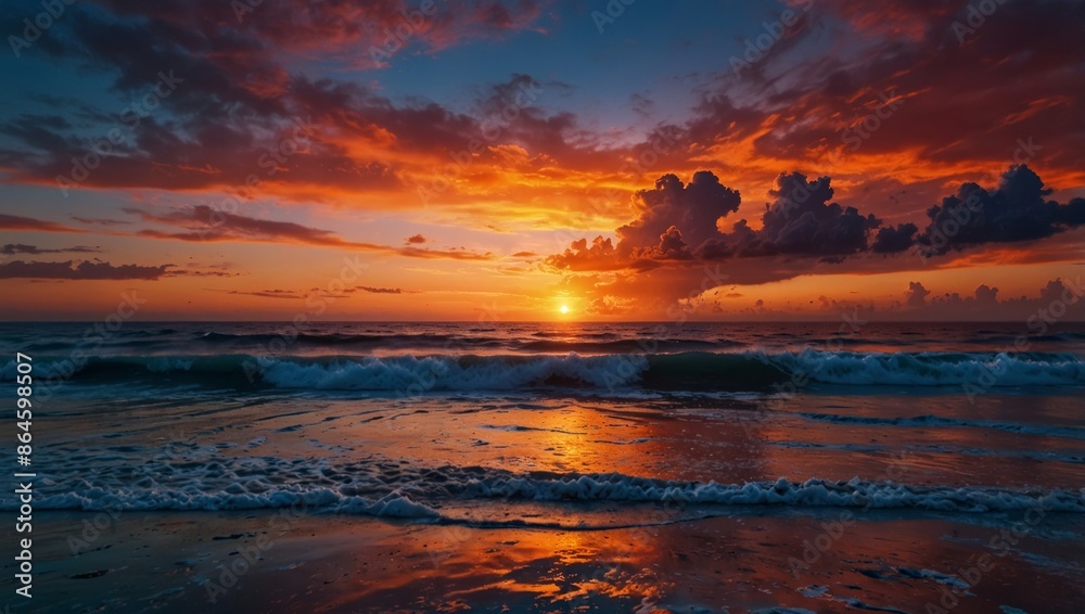 Orange sunset on the beach, stunning landscape Orange sunset on the beach, stunning landscape