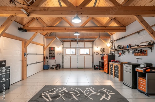 Well-Lit Modern Garage With Wooden Beams and Open Garage Door