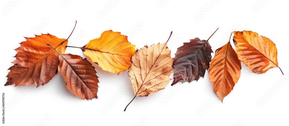 Fototapeta premium Autumn-themed dry leaves in shades of orange, yellow, and brown, isolated on a white background for a copy space image.