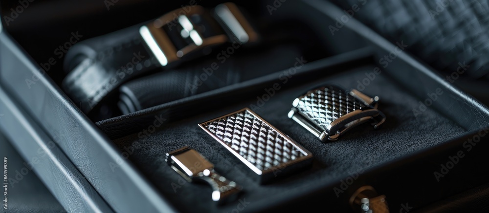 Elegant men's accessories: black leather belt, silver tie clip, and cufflinks in a box. Close-up on a dark background with room for text in a copy space image. Elegant men's accessories: black leather belt, silver tie clip, and cufflinks in a box. Close-up on a dark background with room for text in a copy space image.