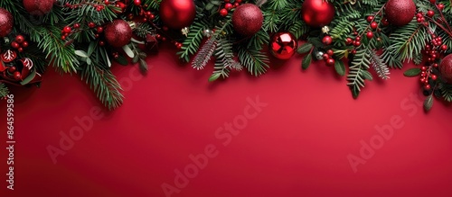 Festive decorations and evergreen branches on a crimson Christmas backdrop with available copy space image.