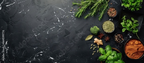 Fototapeta Naklejka Na Ścianę i Meble -  Top-down view of various herbs and spices beautifully arranged on a black kitchen counter with plenty of space for other elements in the image. Copy space image. Place for adding text and design
