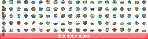 100 soup icons set. Color line set of soup vector icons thin line color flat on white