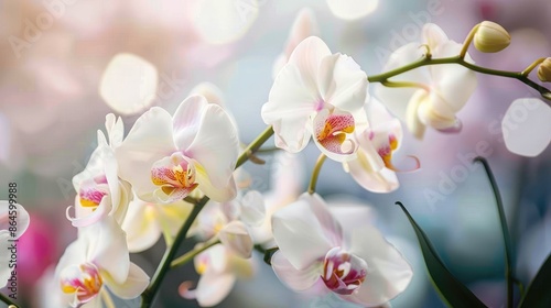 A close-up of a white orchid with a yellow and pink center