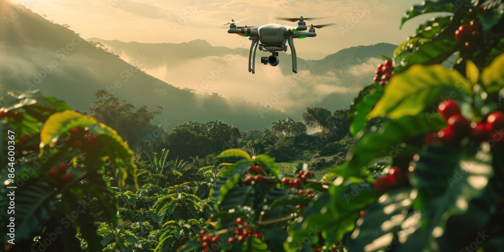 Fototapeta premium Drone checking and observing coffee trees, Smart technologies in agriculture 