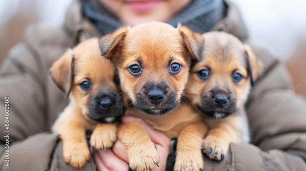 Close-up of a person in a gray jacket holding three small puppies against their chest, focusing on their innocent eyes. Close-up of a person in a gray jacket holding three small puppies against their chest, focusing on their innocent eyes.