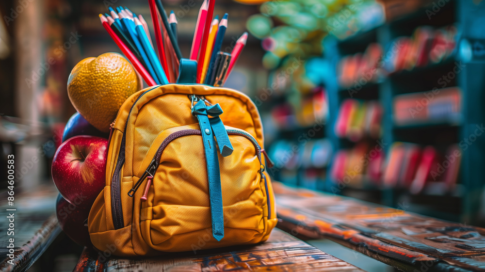Fototapeta premium Back to school, yellow backpack with a bunch of pencils and apples on top of it. The backpack is placed on a table in a library