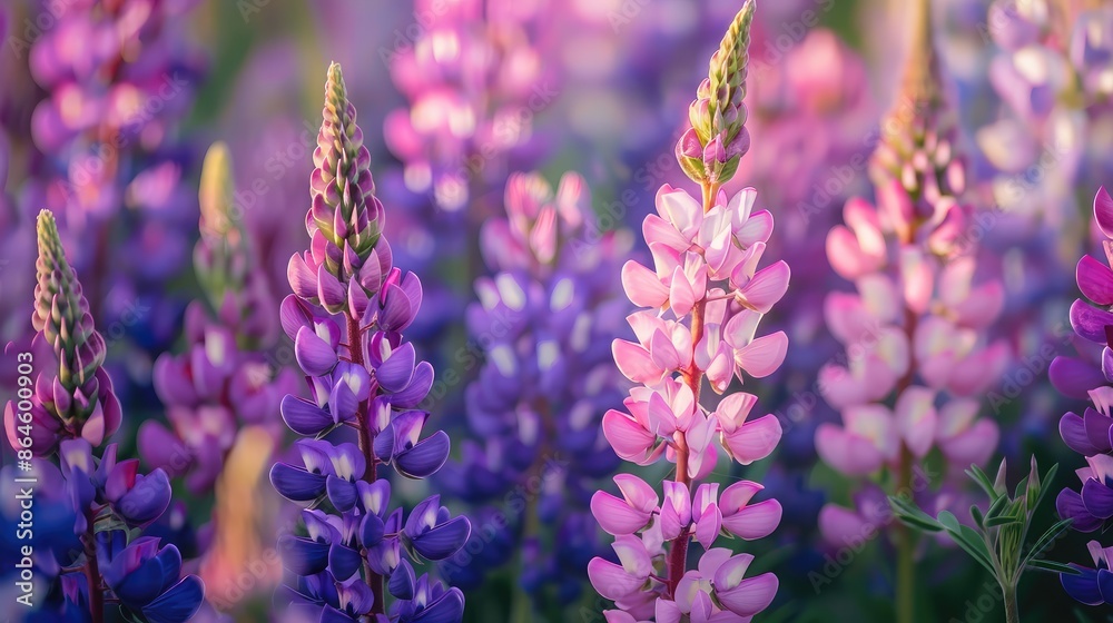 Obraz premium A field of lupines in various shades of purple and pink