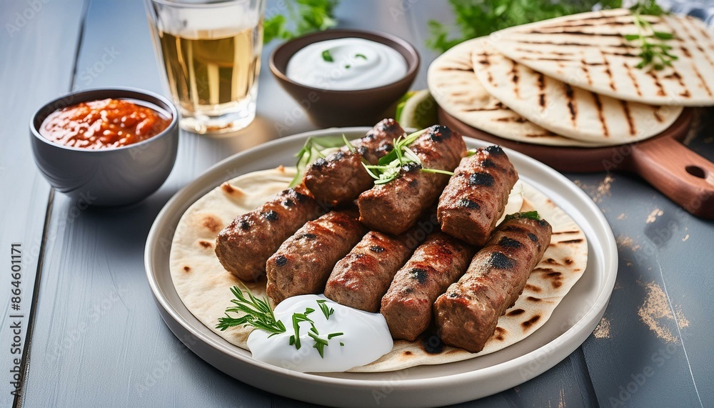 A plate of Bosnian cevapi, small grilled meat rolls, served with flatbread, chopped onions and ajvar. Accompanied by a glass of sour cream and a few fresh herbs. A plate of Bosnian cevapi, small grilled meat rolls, served with flatbread, chopped onions and ajvar. Accompanied by a glass of sour cream and a few fresh herbs.