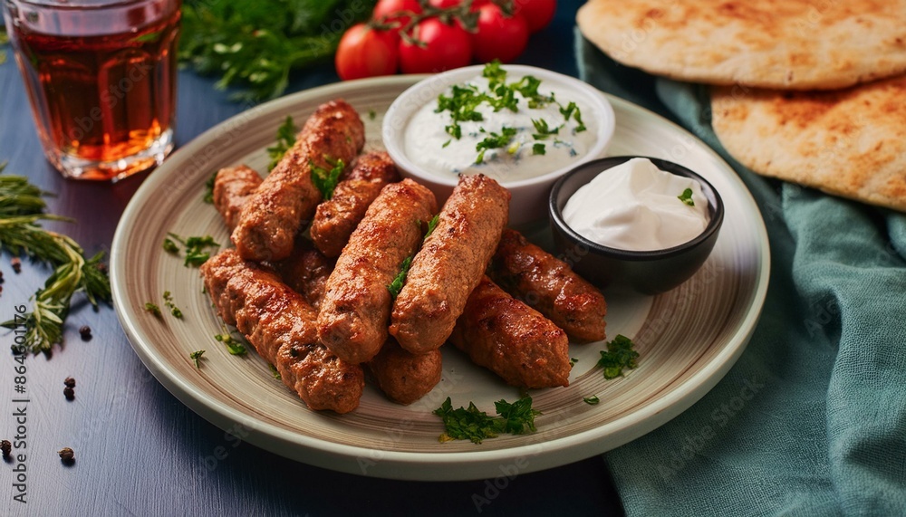 A plate of Bosnian cevapi, small grilled meat rolls, served with flatbread, chopped onions and ajvar. Accompanied by a glass of sour cream and a few fresh herbs. A plate of Bosnian cevapi, small grilled meat rolls, served with flatbread, chopped onions and ajvar. Accompanied by a glass of sour cream and a few fresh herbs.