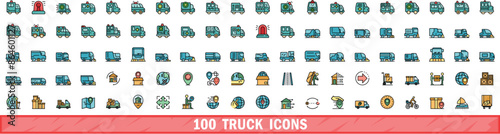 100 truck icons set. Color line set of truck vector icons thin line color flat on white