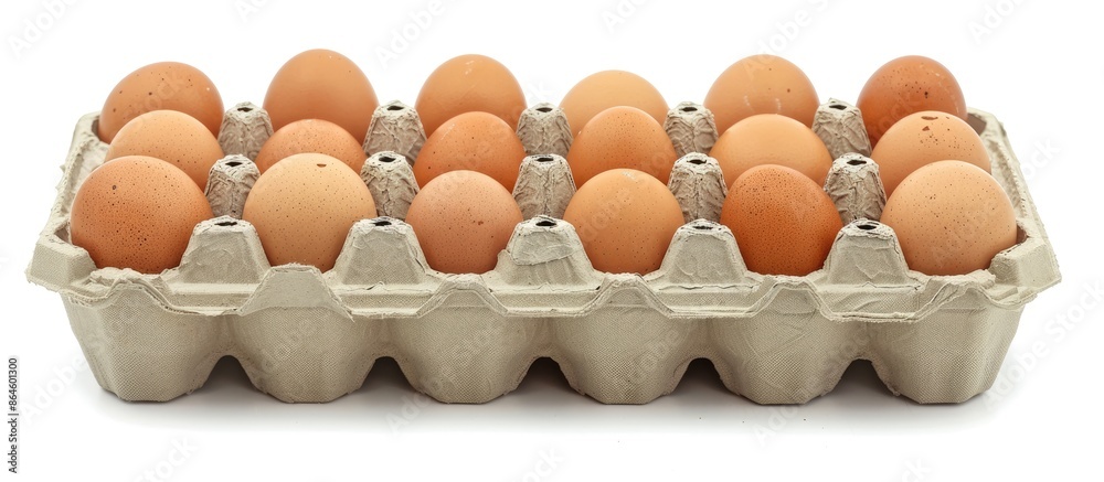 A carton of ten fresh brown organic chicken eggs displayed on a white background with available copy space for text or images. A carton of ten fresh brown organic chicken eggs displayed on a white background with available copy space for text or images.