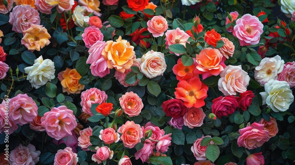 A garden full of blooming roses in various colors A garden full of blooming roses in various colors
