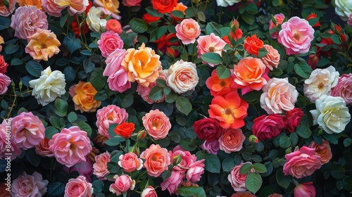 A garden full of blooming roses in various colors
