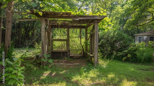 This image shows an overgrown and abandoned wooden gazebo in a forest. © Nijat