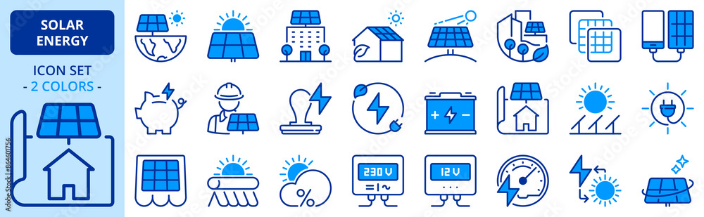 Icons in two colors about solar energy Icons in two colors about solar energy