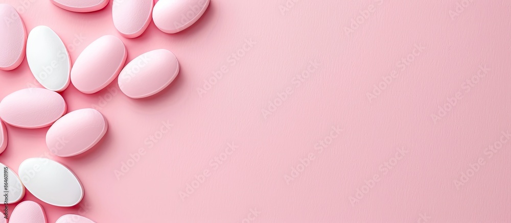 Top view of pills on a pink background, addressing issues with sexual drive and infertility treatment, featuring copy space image. Top view of pills on a pink background, addressing issues with sexual drive and infertility treatment, featuring copy space image.