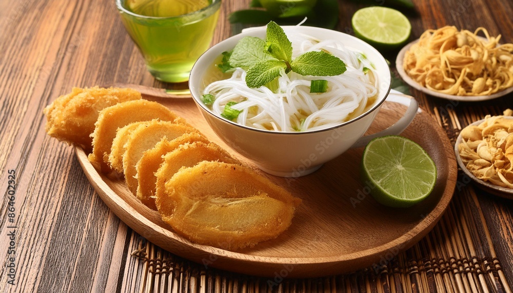 A bowl of Burmese Mohinga, a fish soup with rice noodles and banana stem, garnished with coriander and lime. Served with a plate of fried snacks and a glass of green tea A bowl of Burmese Mohinga, a fish soup with rice noodles and banana stem, garnished with coriander and lime. Served with a plate of fried snacks and a glass of green tea