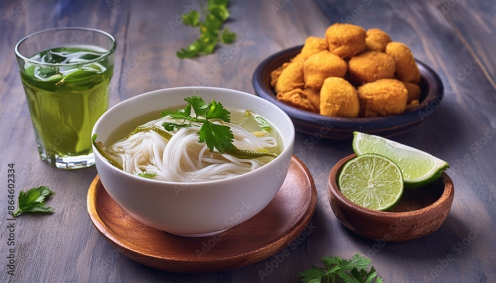 A bowl of Burmese Mohinga, a fish soup with rice noodles and banana stem, garnished with coriander and lime. Served with a plate of fried snacks and a glass of green tea A bowl of Burmese Mohinga, a fish soup with rice noodles and banana stem, garnished with coriander and lime. Served with a plate of fried snacks and a glass of green tea