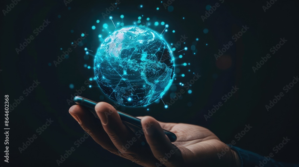 A hand holding a smartphone with a holographic globe representing global communication A hand holding a smartphone with a holographic globe representing global communication