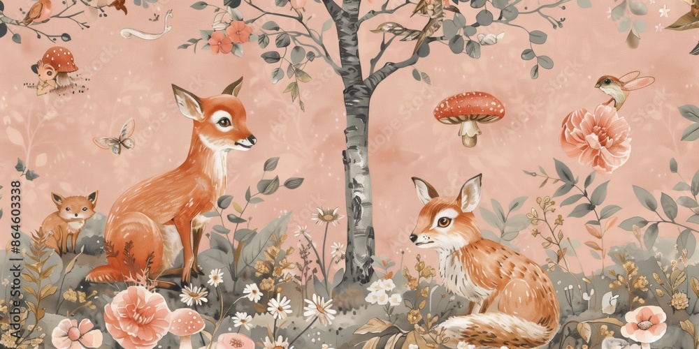 Fototapeta premium Illustration features an enchanting woodland scene with adorable foxes amidst lush foliage and blooming flowers.