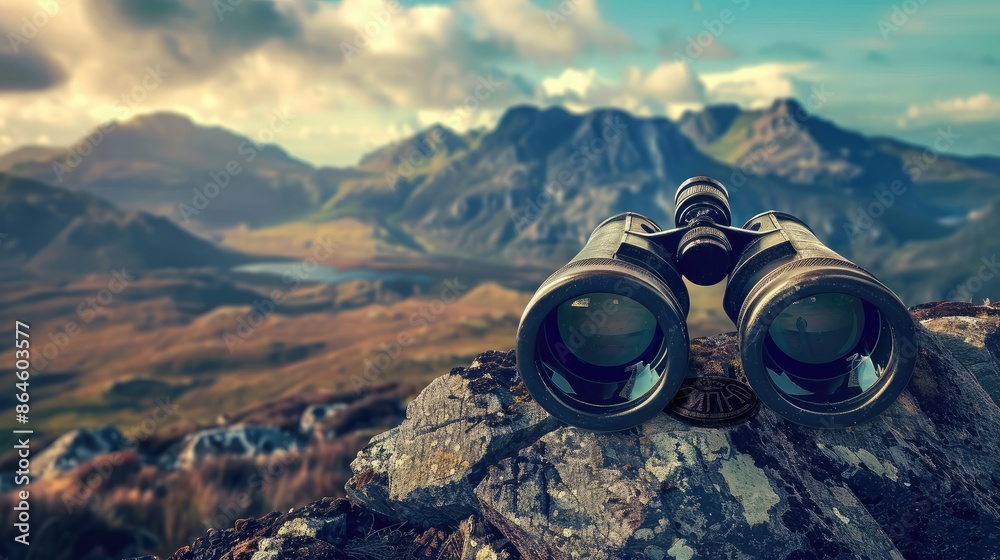 Fototapeta premium A pair of binoculars looking at a distant landscape representing vision and foresight