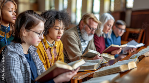 a  of a mixed-age group studying the Bible in a church meeting room, with Bibles open and lively discussion, church, Studying, Group Of People, Community, Meeting, Bi