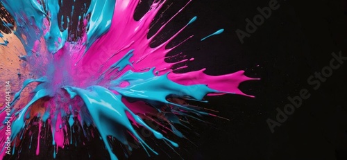 Colored floating liquid paint splash in an abstract background, featuring pink and pastel blue color at black backdrop. Great for dynamic and creative designs.